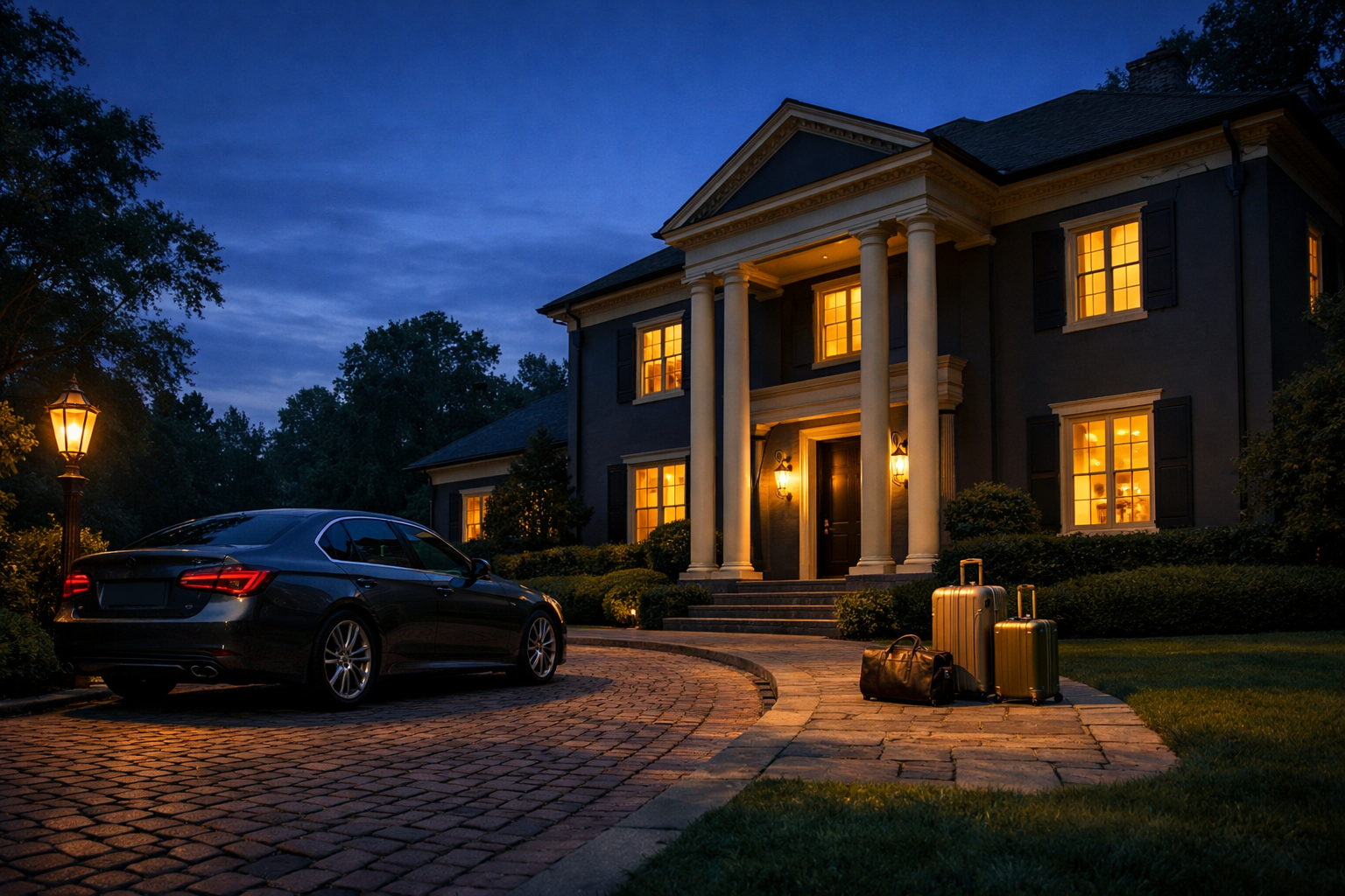 Twilight view of a grand Myers Park luxury home with warm interior lights and a cobblestone driveway
