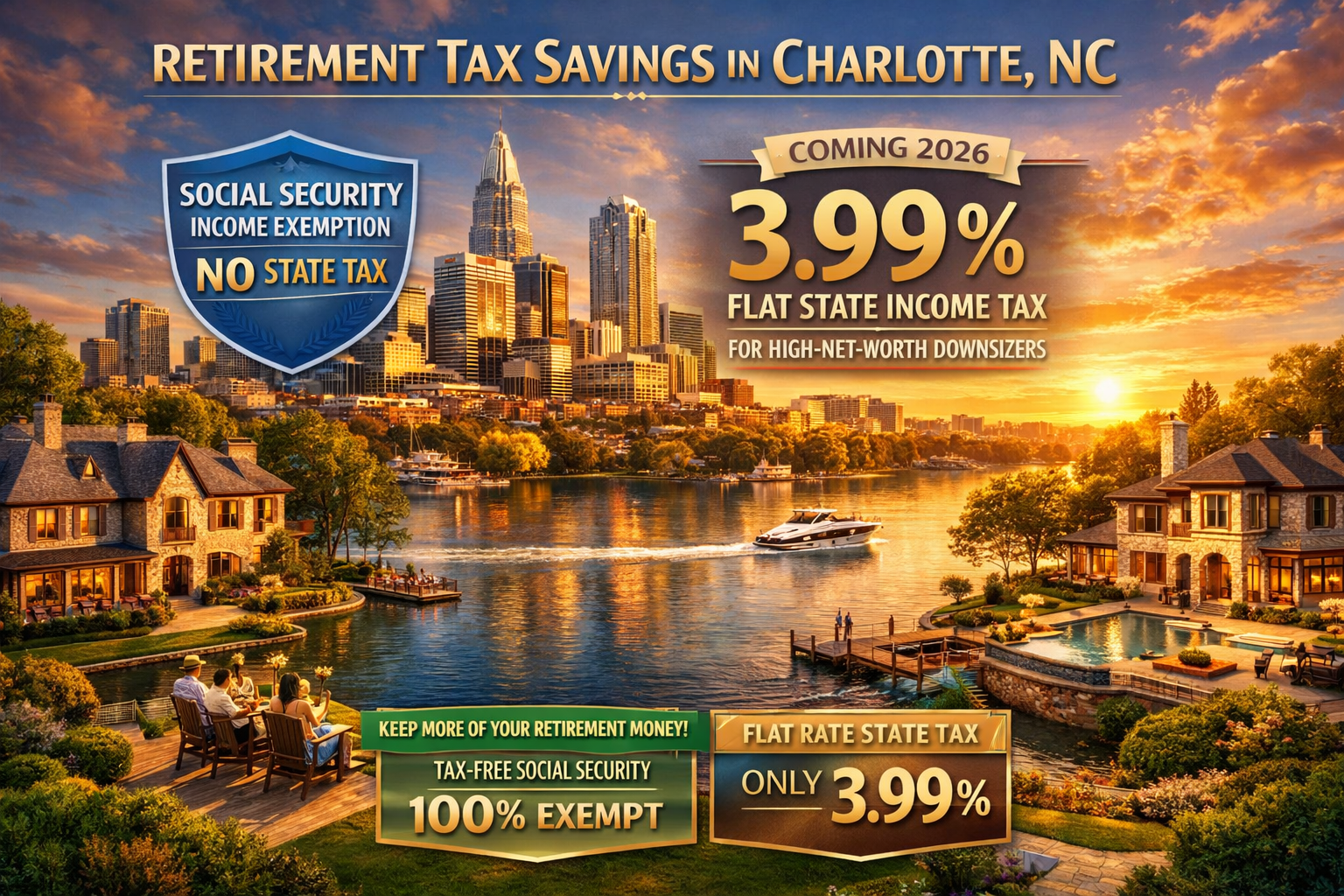 Charlotte NC skyline at golden hour with luxury estate homes in Myers Park and Lake Norman