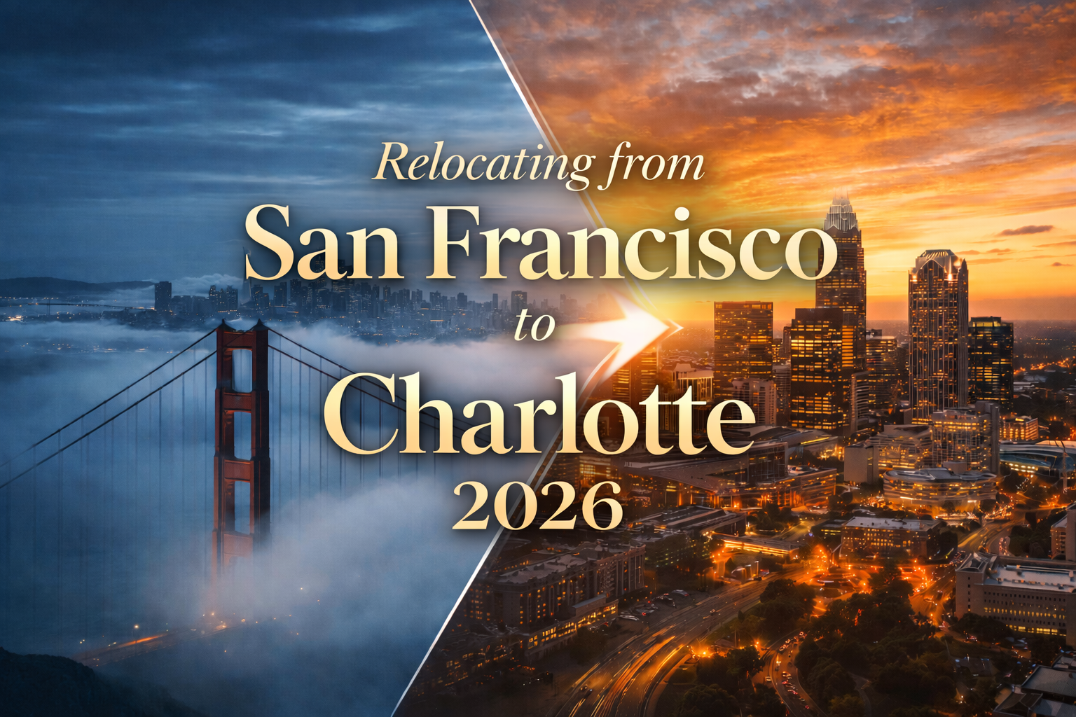 San Francisco to Charlotte NC executive relocation guide showing Golden Gate Bridge transitioning to Charlotte skyline with financial savings data overlay 2026