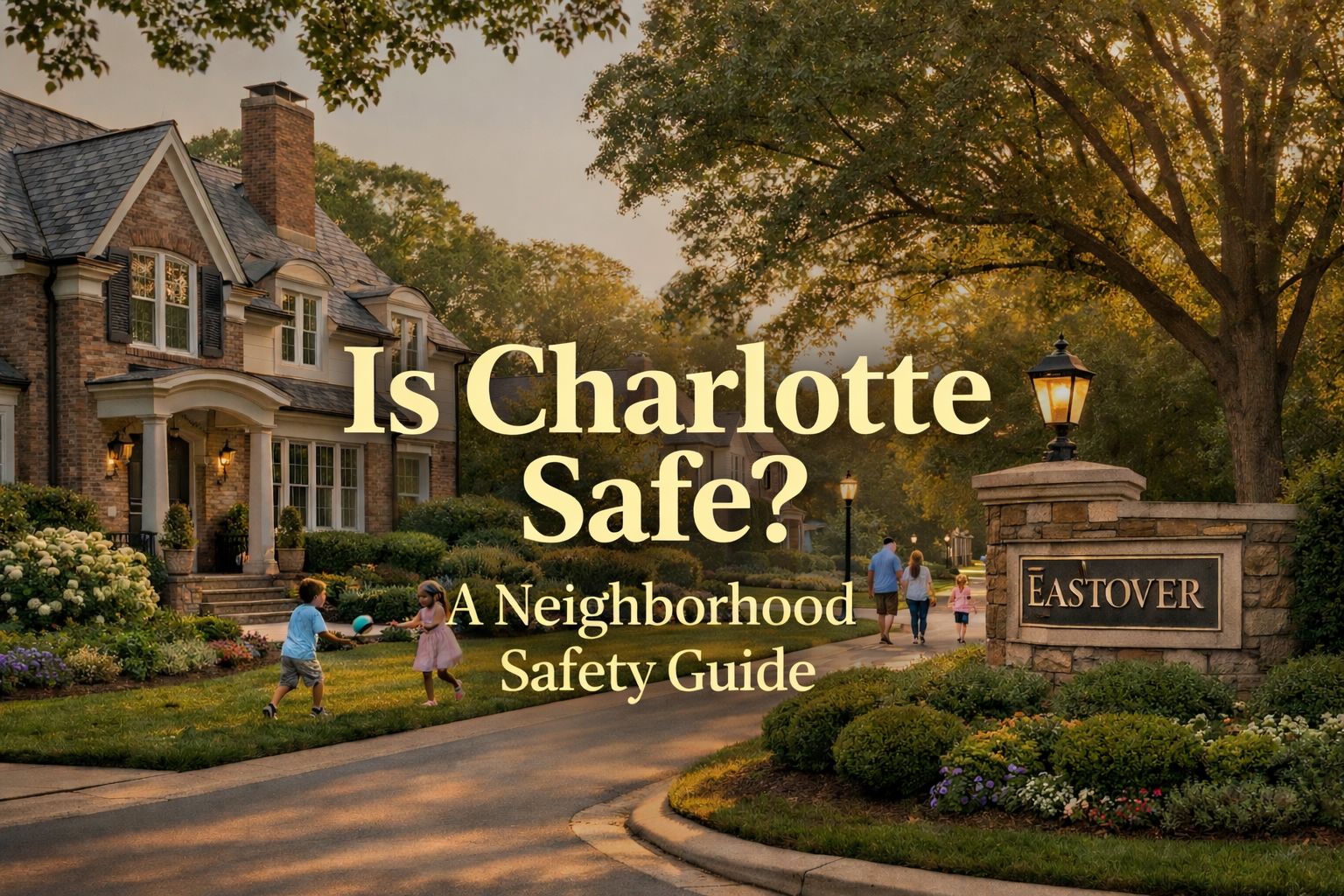 Charlotte luxury home in safe neighborhood with manicured landscaping and quiet streets