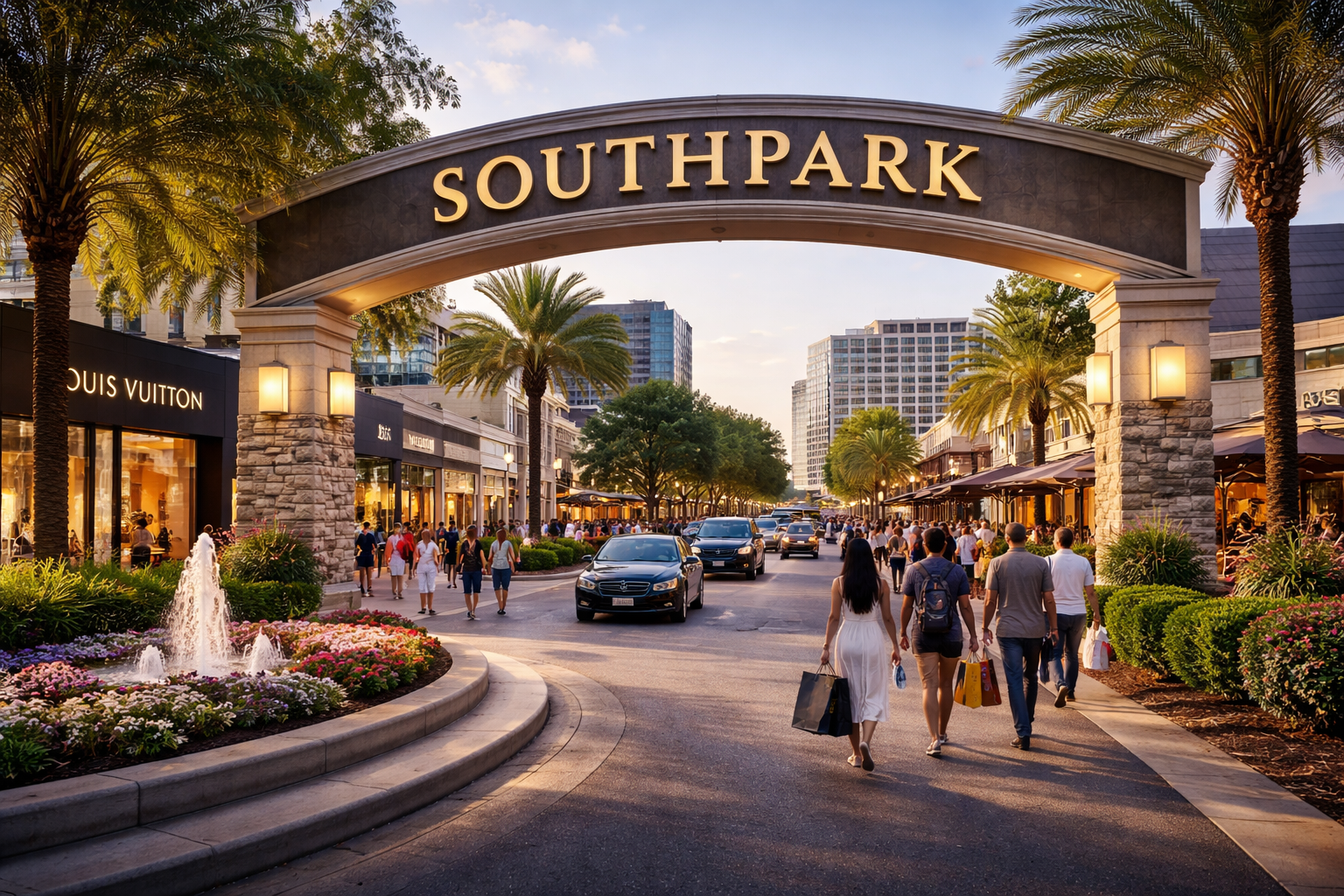 The upscale entrance to SouthPark Mall in Charlotte, located just minutes from the serene, historic neighborhood of Foxcroft.