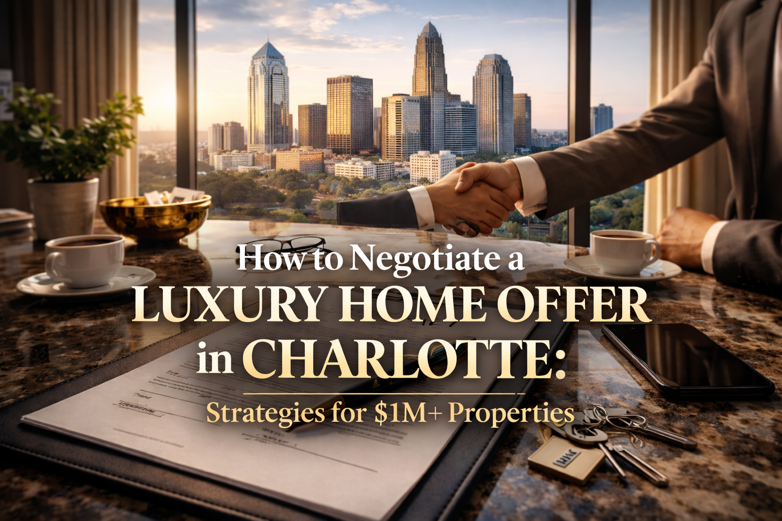 A luxury home negotiation scene with a contract, pen, and Charlotte skyline in the background.