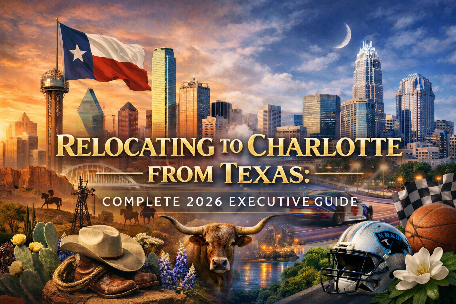 Charlotte skyline and Texas state outline comparison showing property tax savings and relocation benefits for executives moving from Texas to Charlotte North Carolina