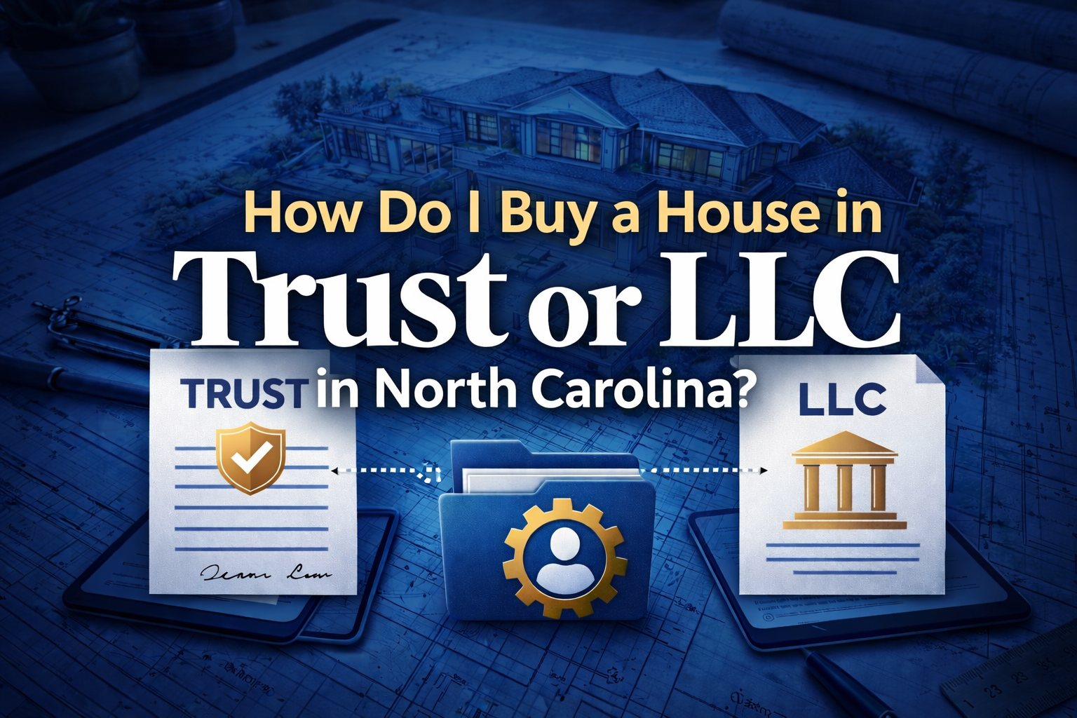 A luxury home blueprint overlaid with legal document icons representing trust and LLC ownership