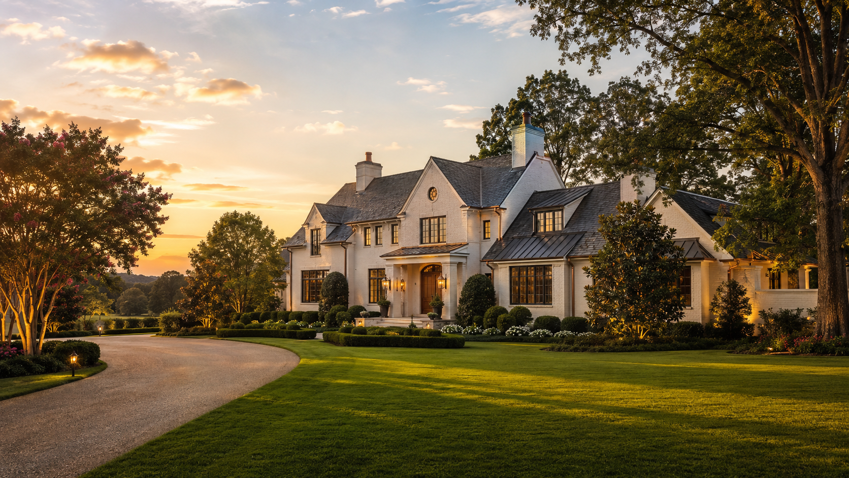Luxury estate home in Waxhaw NC on multi-acre lot at golden hour, representative of $2M+ Union County market