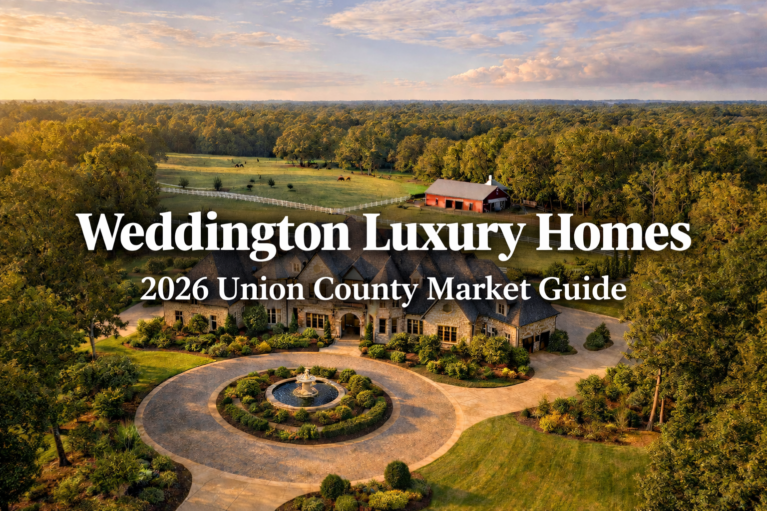 Luxury estate in Weddington with circular driveway, rolling hills, horse pasture, and white fence on sprawling acreage
