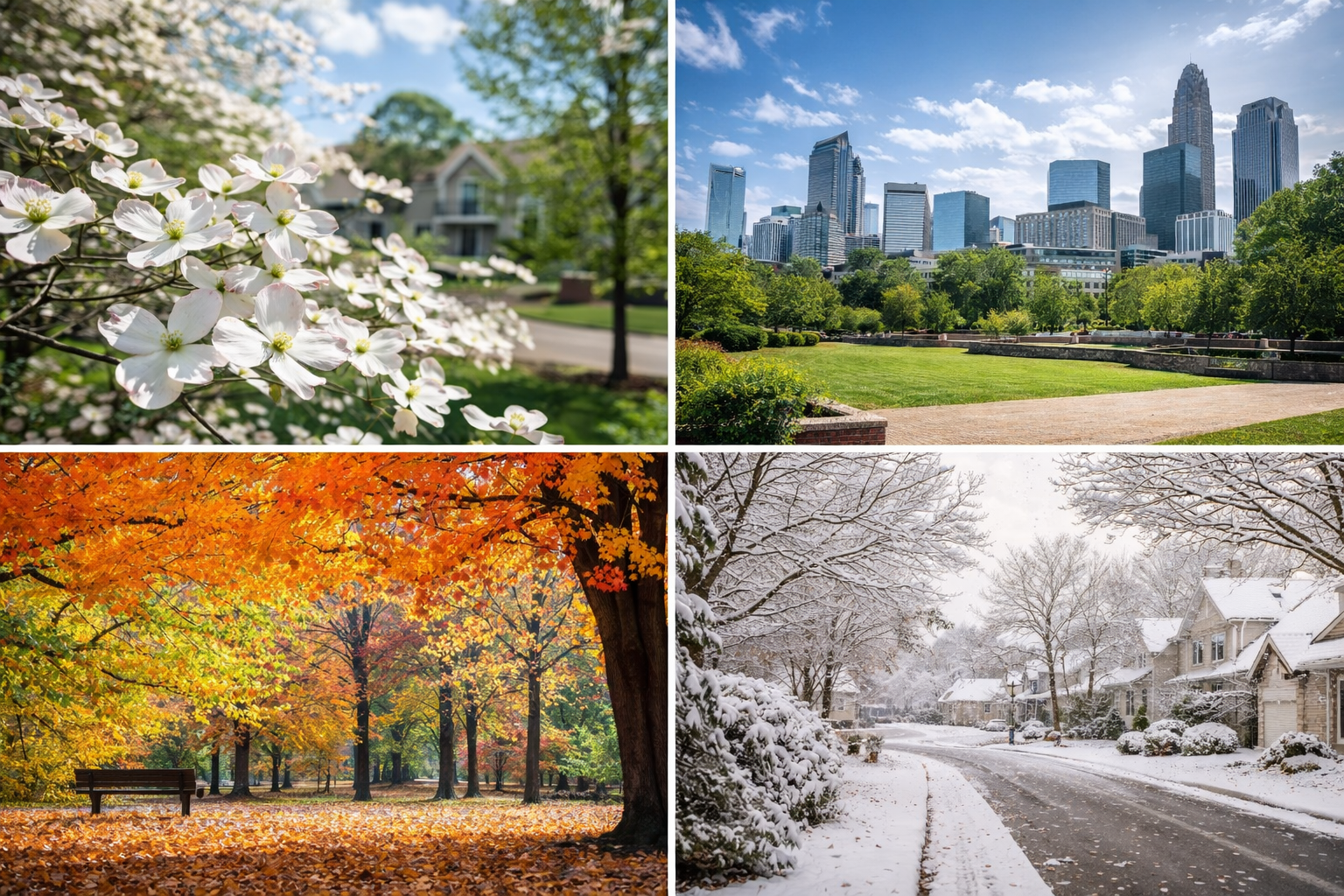 Split image: spring dogwood blooms and Charlotte skyline (seasonal market)