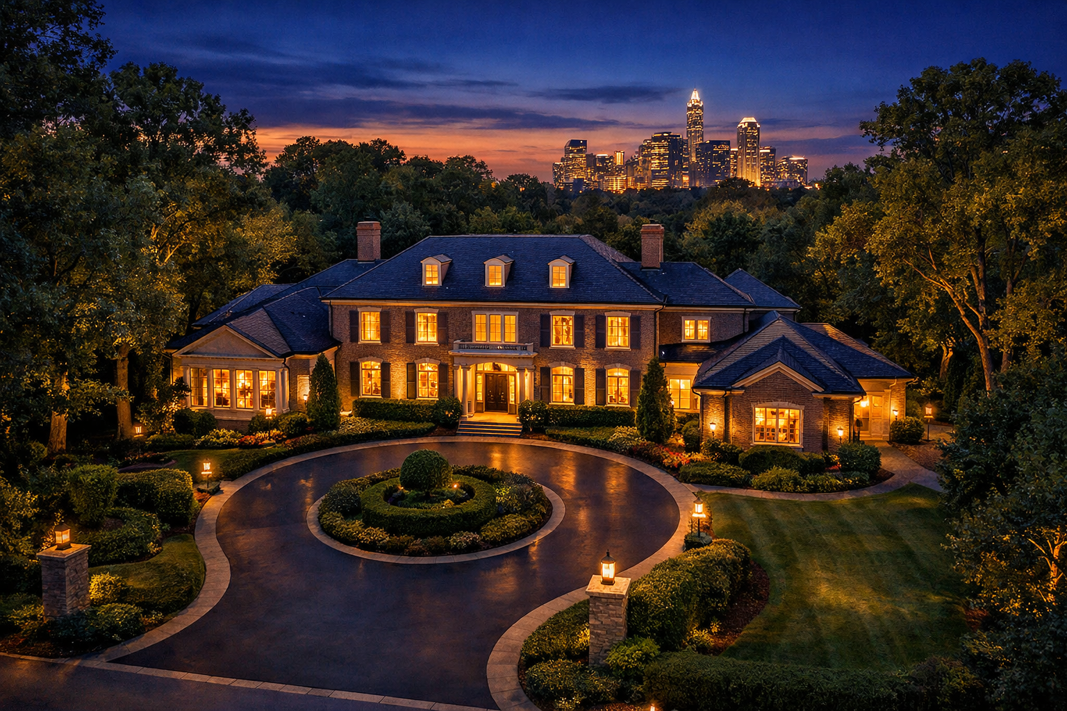 Luxury home in Myers Park Charlotte NC at twilight showing the final stage of the luxury home buying timeline