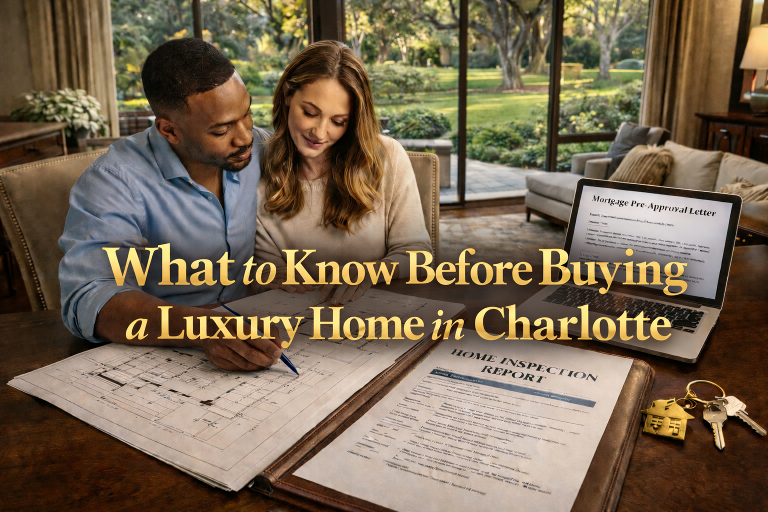 Luxury home buyers reviewing inspection report and financing documents in Charlotte NC Myers Park