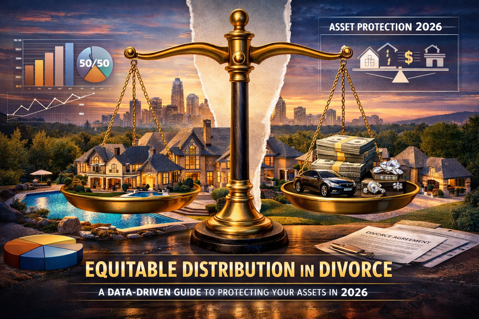 Charlotte NC luxury estate with scales of justice overlay representing equitable distribution 