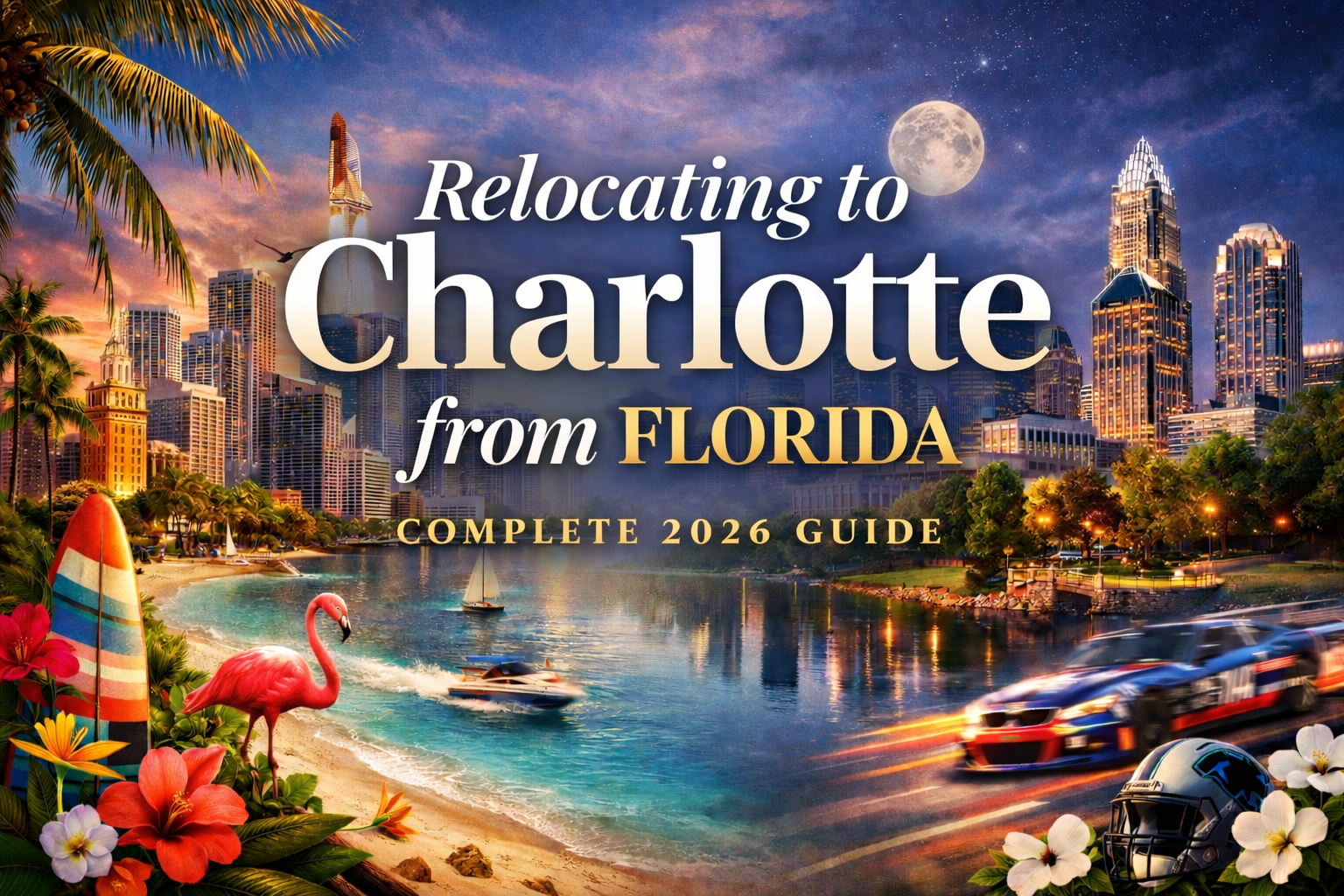 Charlotte skyline and Florida state outline comparison showing homeowners insurance savings and hurr