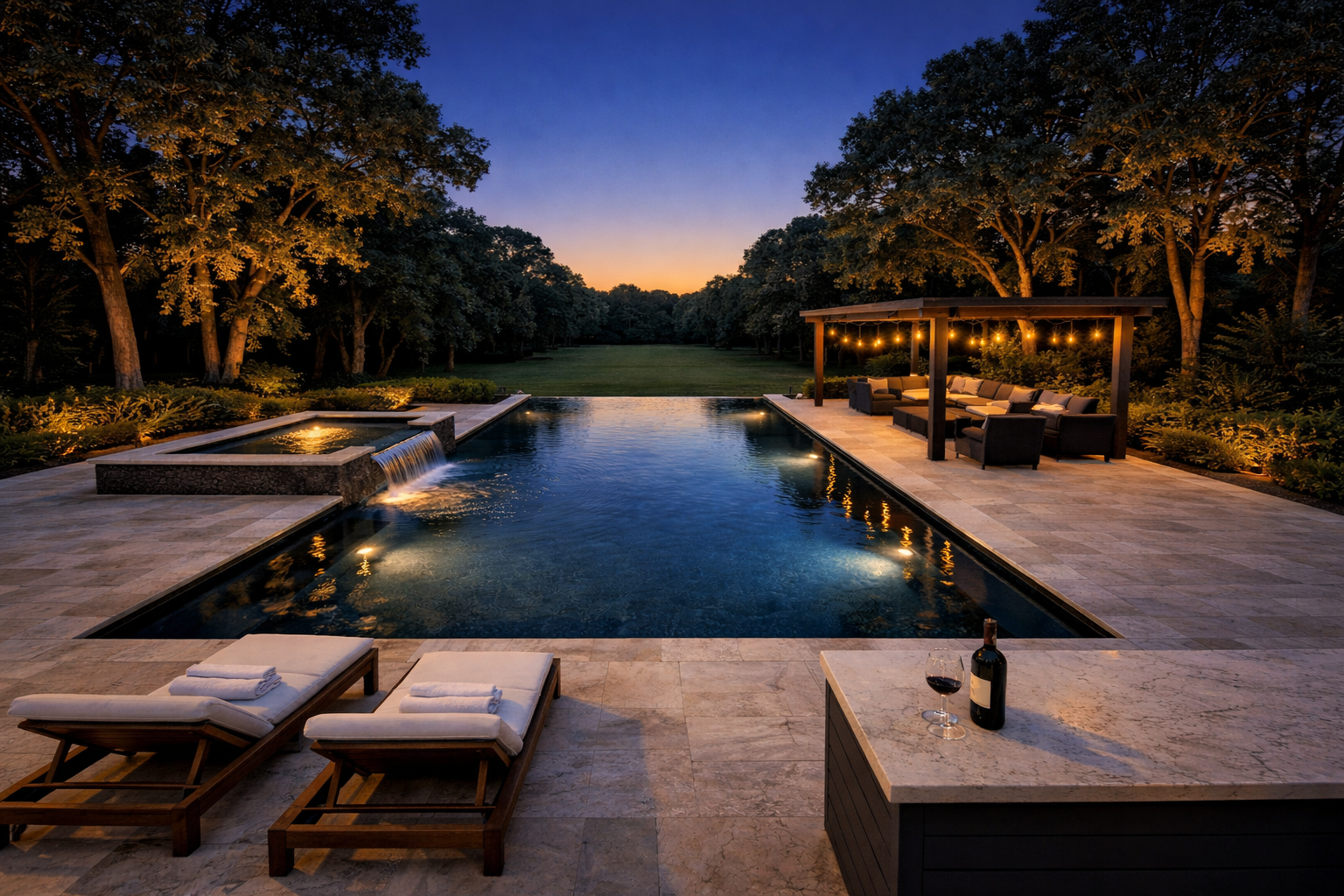Resort-style luxury pool with vanishing edge and integrated spa in a Charlotte NC estate home