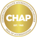 The chap community health accreditation partner seal of accreditation is gold and white.