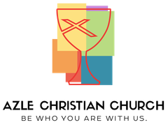 Logo for Azle Christian Church: chalice with cross over colorful squares; text below says