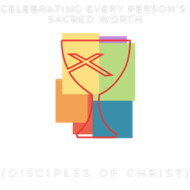 A chalice with a cross on top, over colorful squares, text: 