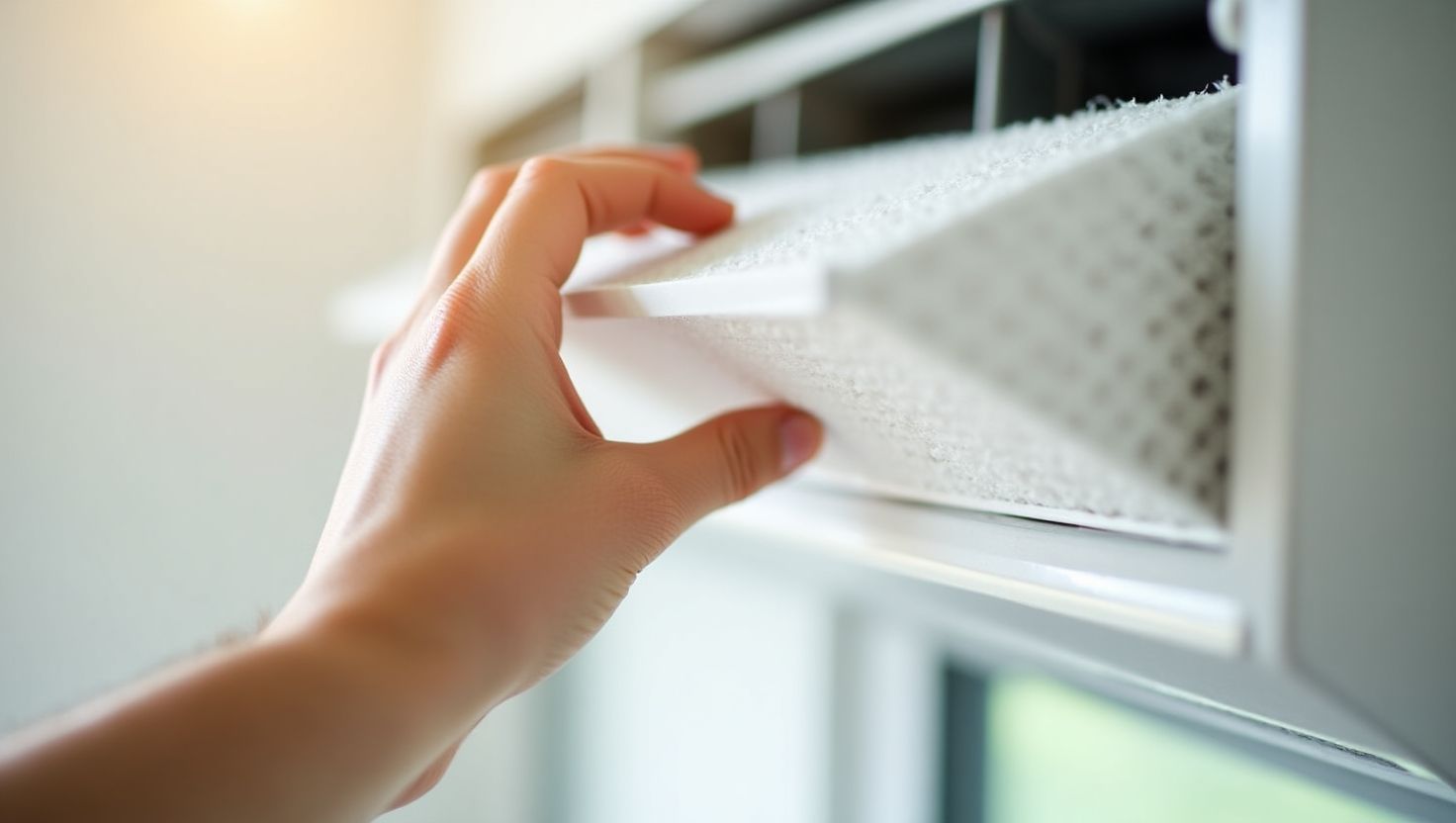Close-up of a person replacing a clean air conditioner filter for regular AC maintenance at home.