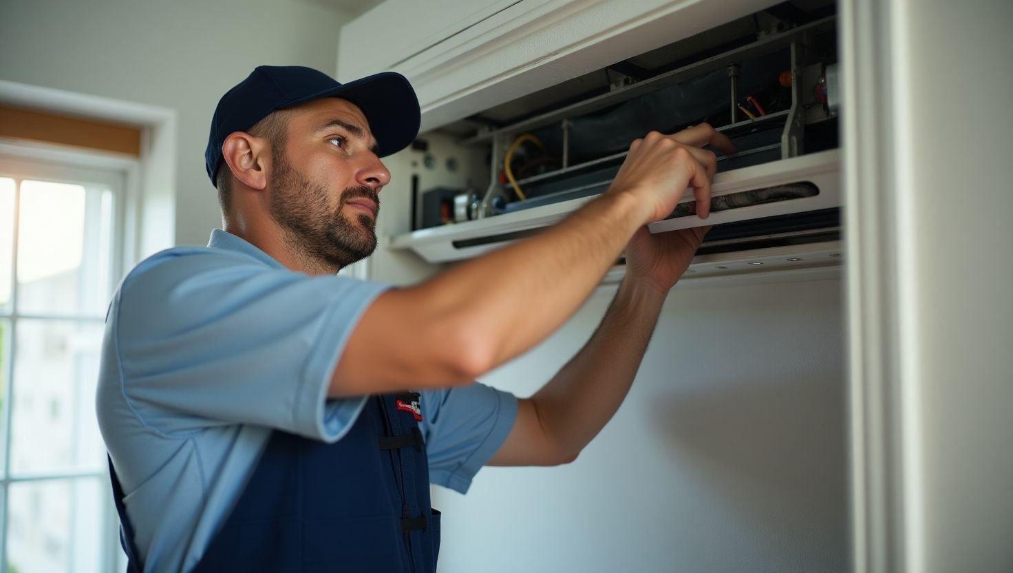 HVAC Maintenance for Better Indoor Air Quality in Pasadena, CA Professional HVAC technician performing air conditioning maintenance in a Pasadena, CA home to improve indoor air quality.