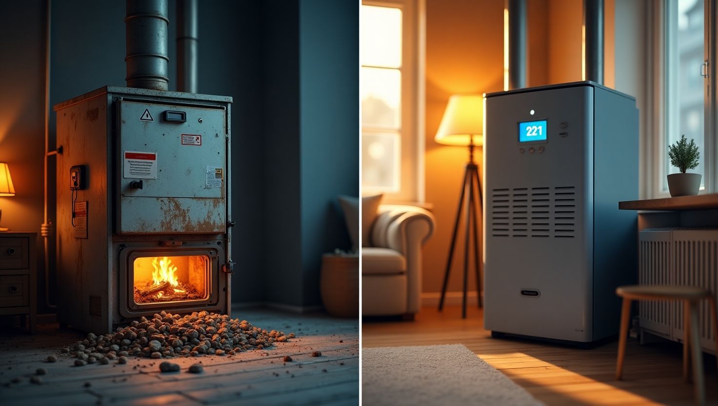 Side-by-side comparison of an old, furnace with firewood and a modern, energy-efficient heating.