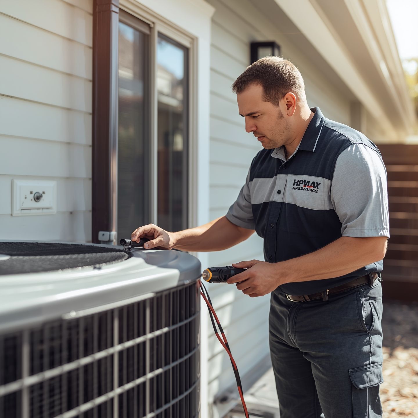 A professional HVAC technician inspecting and repairing a residential air conditioning unit outside
