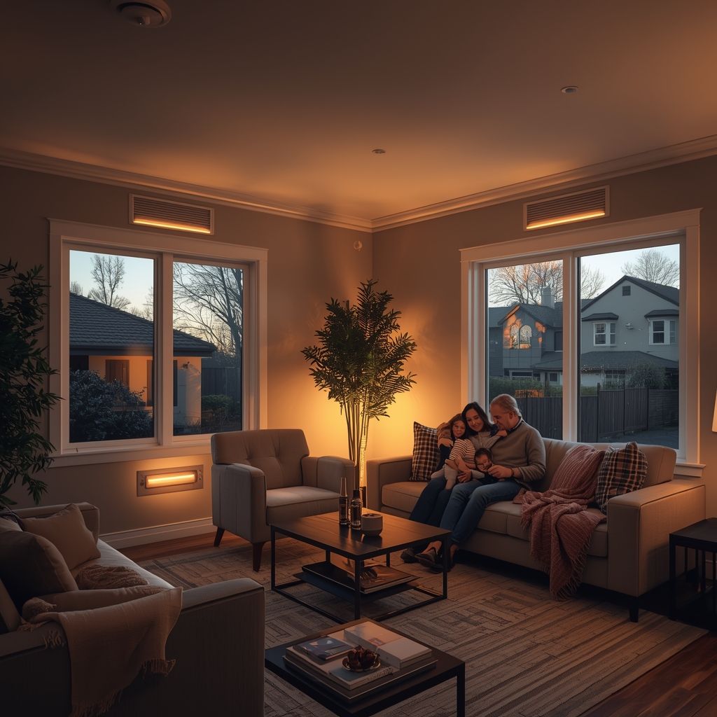 Family relaxing in a warm living room during winter with efficient home heating and HVAC system
