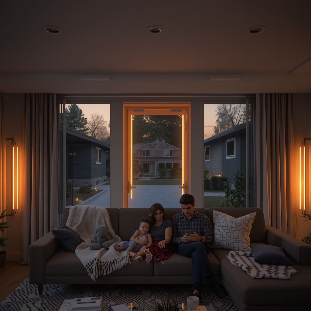 Family relaxing in a warm living room during winter with efficient home heating and HVAC system running.