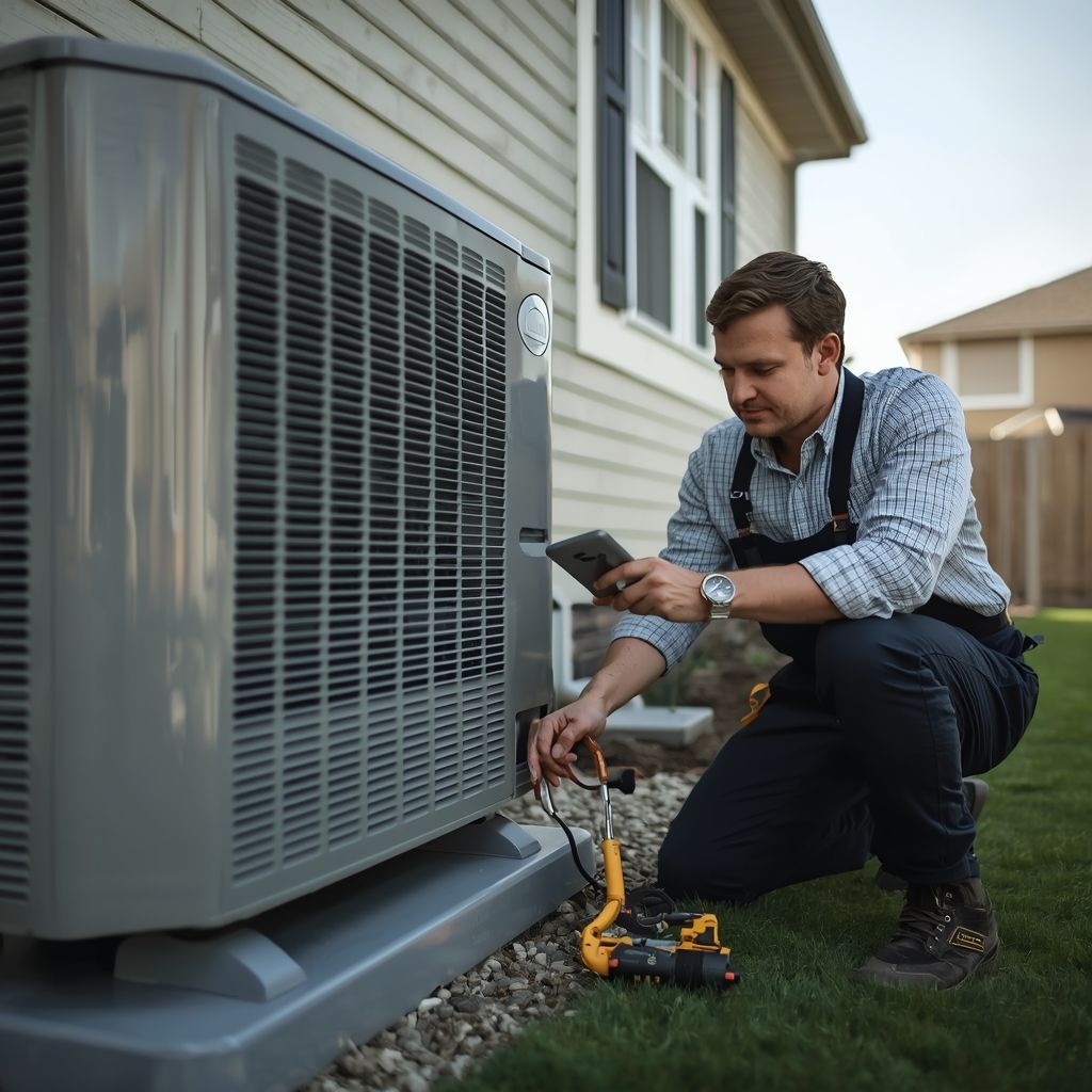 HVAC technician inspecting an outdoor air conditioning unit at a residential home