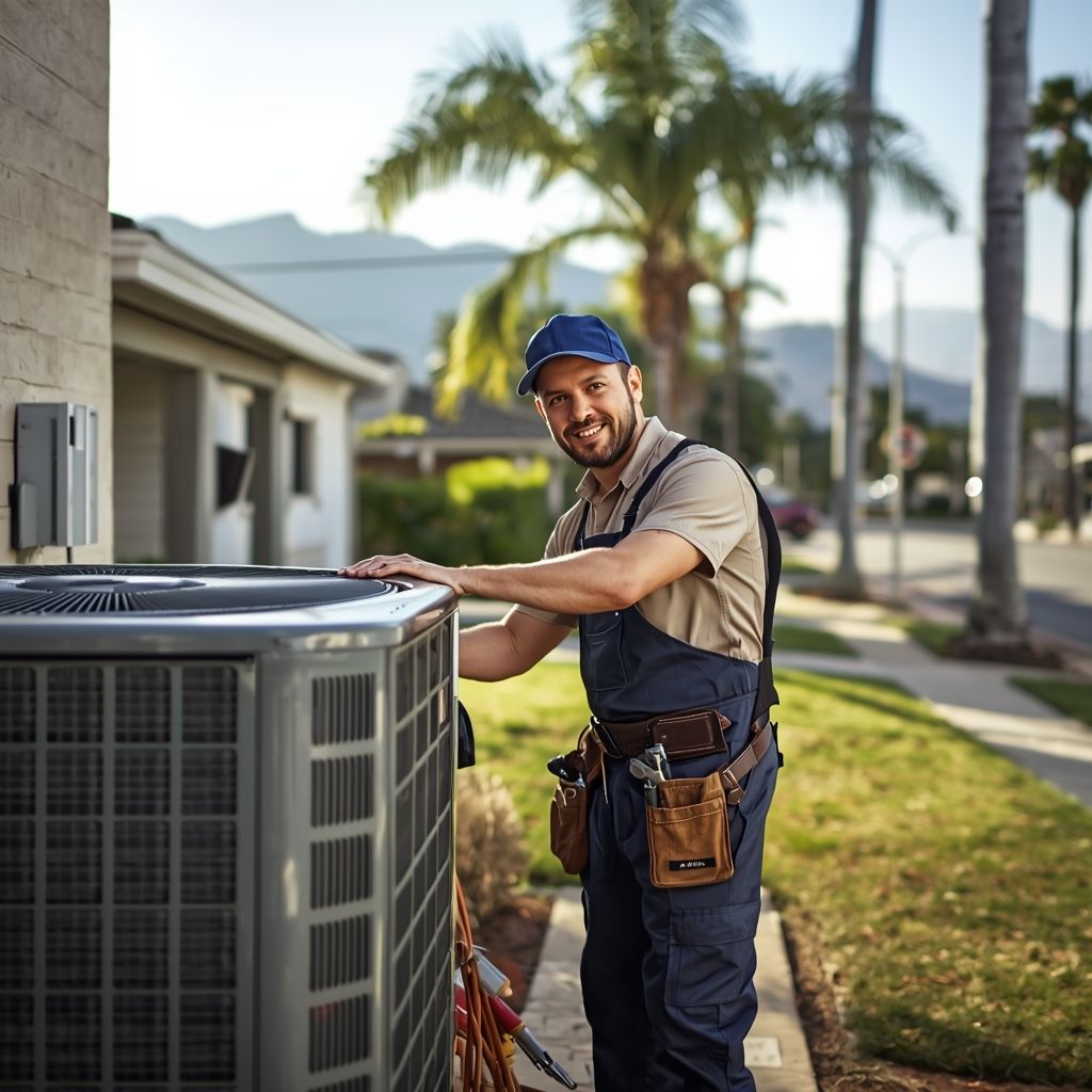 Professional HVAC technician servicing a residential air conditioning unit outside a Pasadena home, 