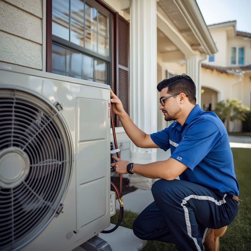 Professional HVAC technician performing seasonal air conditioner maintenance at a Pasadena 