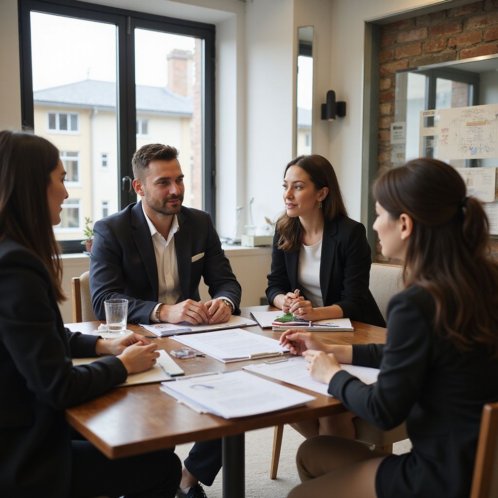 Four businesspeople in suits at a table having a discussion, office setting.