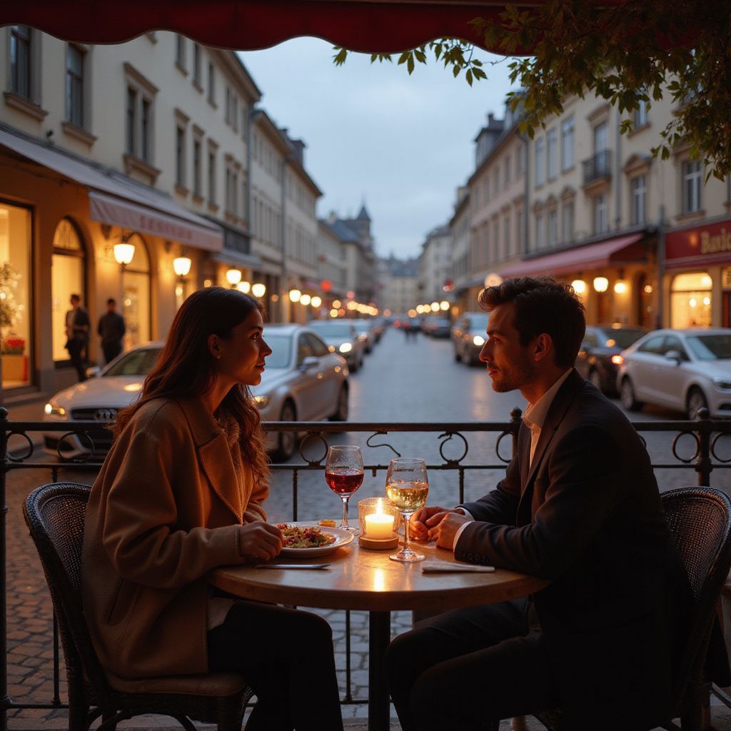 Couple on a date at a restaurant, lit by candlelight, with a European street scene in the background.