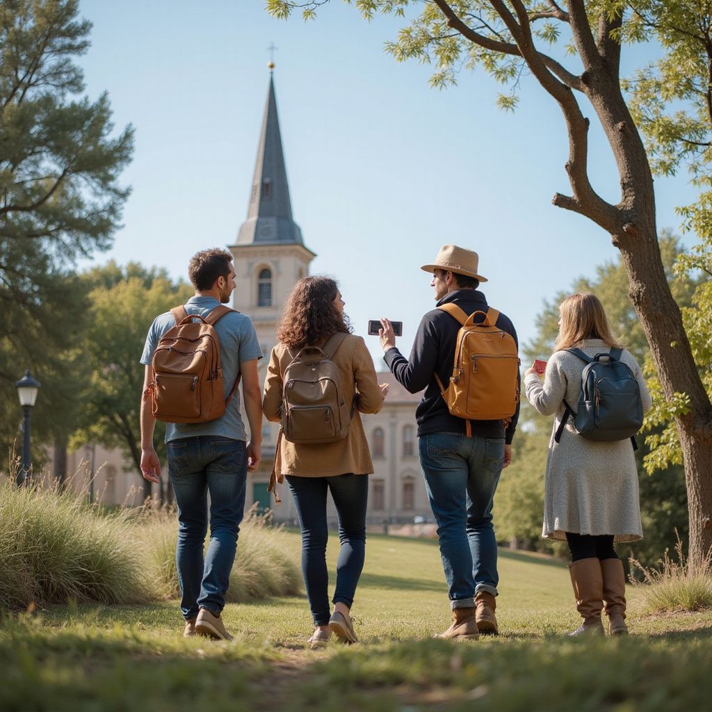 Four people with backpacks walk towards a church with a tall steeple on a sunny day.