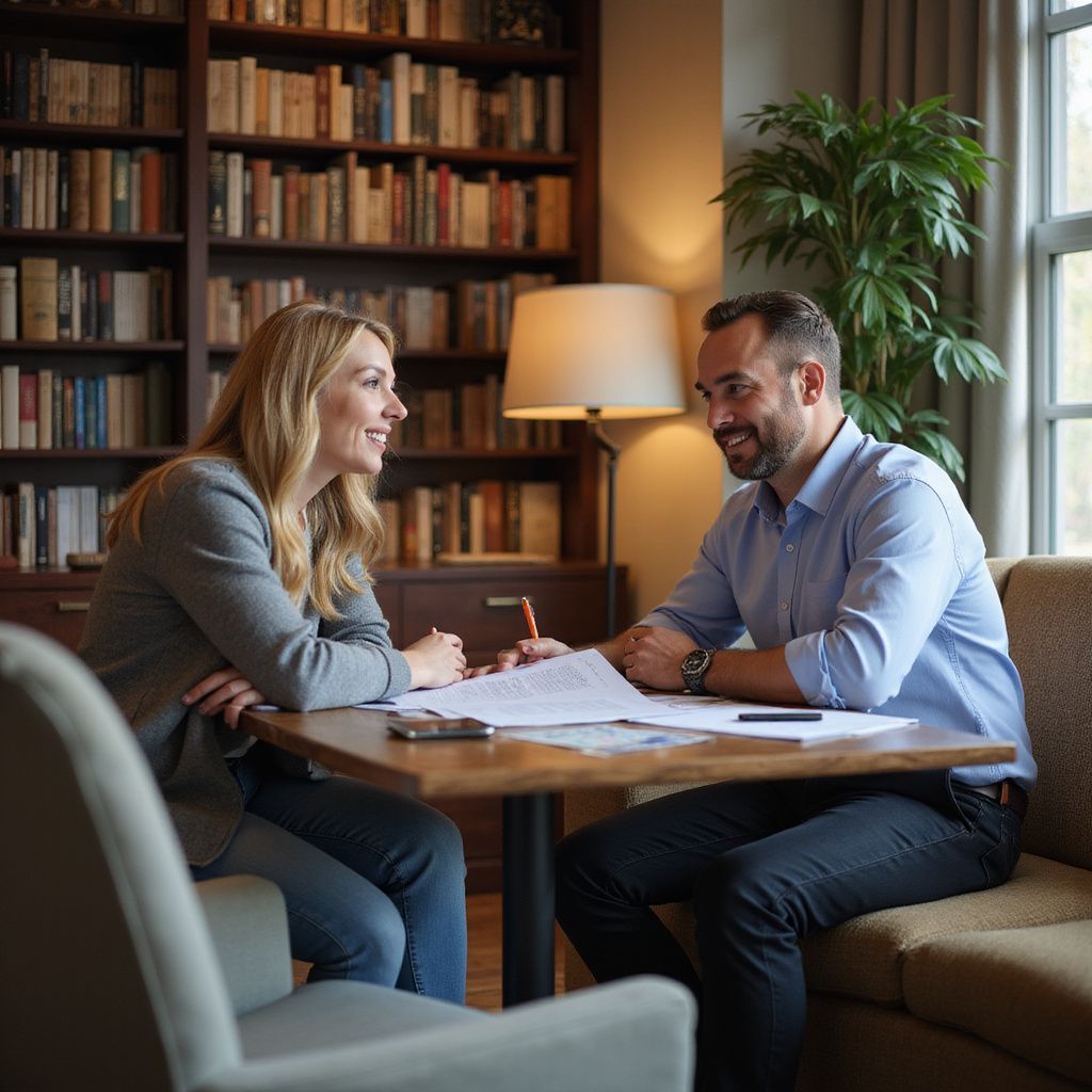 Woman and man seated at a table, smiling and looking at documents in a library.
