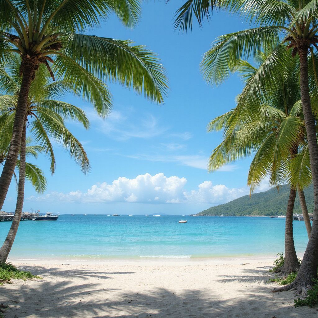 Palm trees frame a white sand beach with turquoise water under a blue sky, boats and island in the distance.