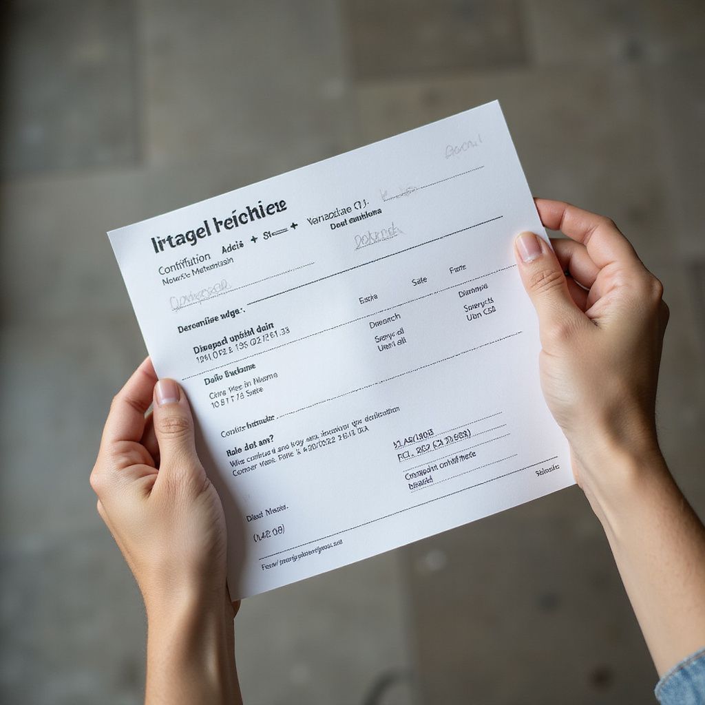 Hands holding a white sheet of paper with text. The paper appears to be an application or checklist.