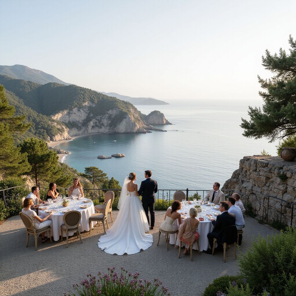 Bride and groom with guests at a seaside wedding reception. Mountains and ocean in the background.