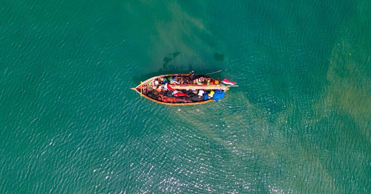 Boat on turquoise water, viewed from above, carrying people.
