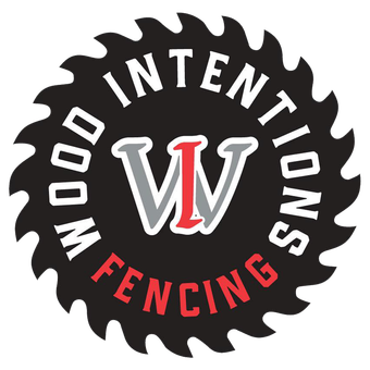 Logo for Wood Intentions Fencing: Black saw blade frame, with 