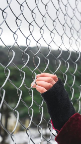 Hand grasping chain-link fence. Black sleeve, burgundy coat. Green trees in the background. Cloudy day.