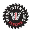 Logo for Wood Intentions Fencing, a black saw blade shape with red and white text and a "WI" monogram.