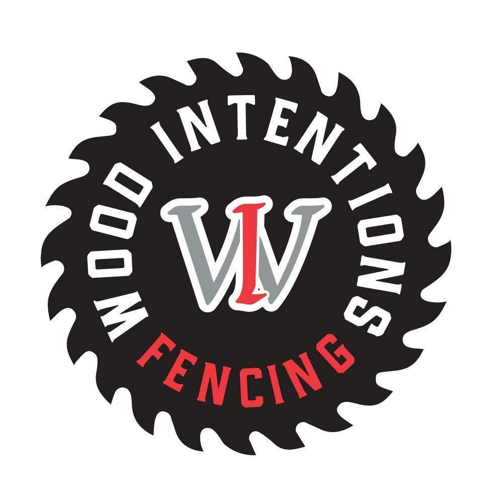 Logo for Wood Intentions Fencing, a black saw blade shape with red and white text and a "WI" monogram.