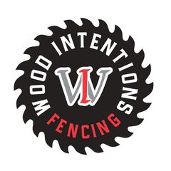 Logo for Wood Intentions Fencing, a black saw blade shape with red and white text and a "WI" monogram.
