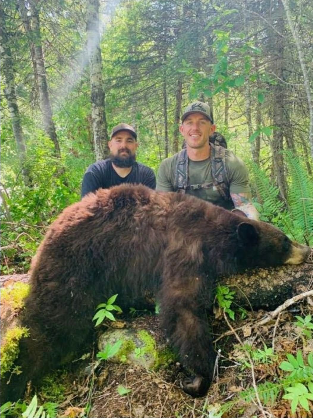 Two hunters kneel behind a large bear in a green forest.