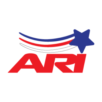 A red white and blue logo for ari with a star