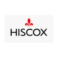 A hiscox logo with a red fleur de lis on a white background.