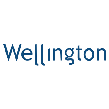 The logo for wellington is blue and white on a white background.