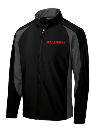 A black and gray jacket with a red logo on the front.