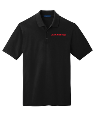 A black polo shirt with a red embroidered logo on the front.