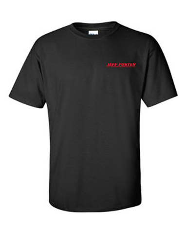 A black t-shirt with a red lettering on the front