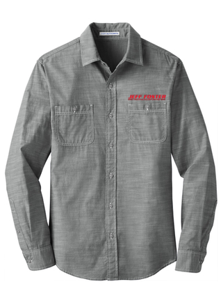A grey shirt with a red embroidered logo on the front.