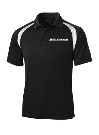 A black polo shirt with a white stripe on the sleeves